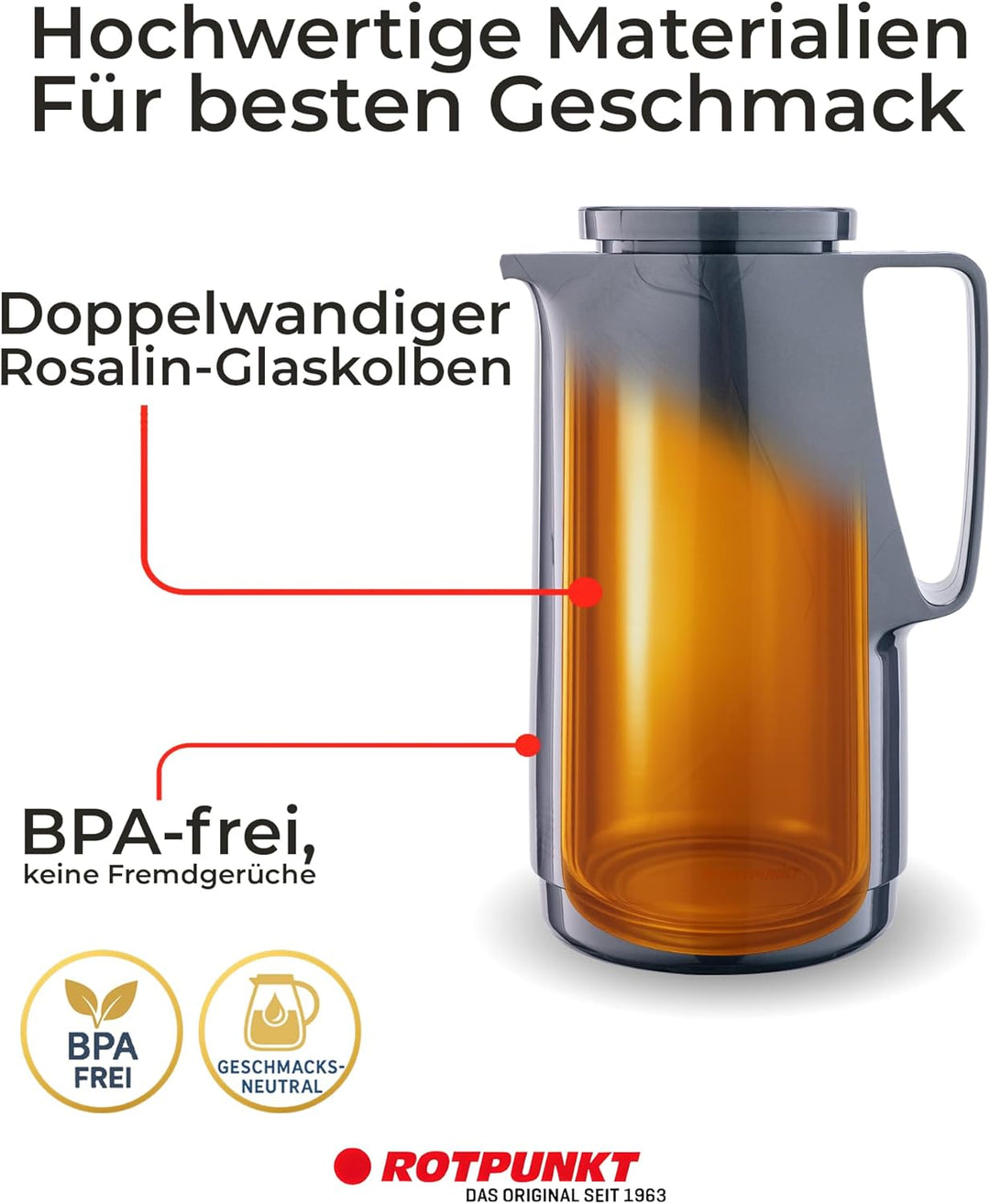 ROTPUNKT Isolierkanne 1L - Premium Kaffekanne Made in Germany I Hält bis zu 24 Std heiss I Warmhalte
