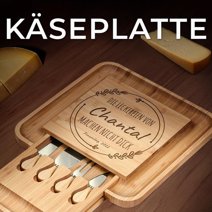 Maverton Käsebrett Servierplatte mit Gravur + 4er Käsemesser Set - aus Holz - 34x34cm - Geschenke fü