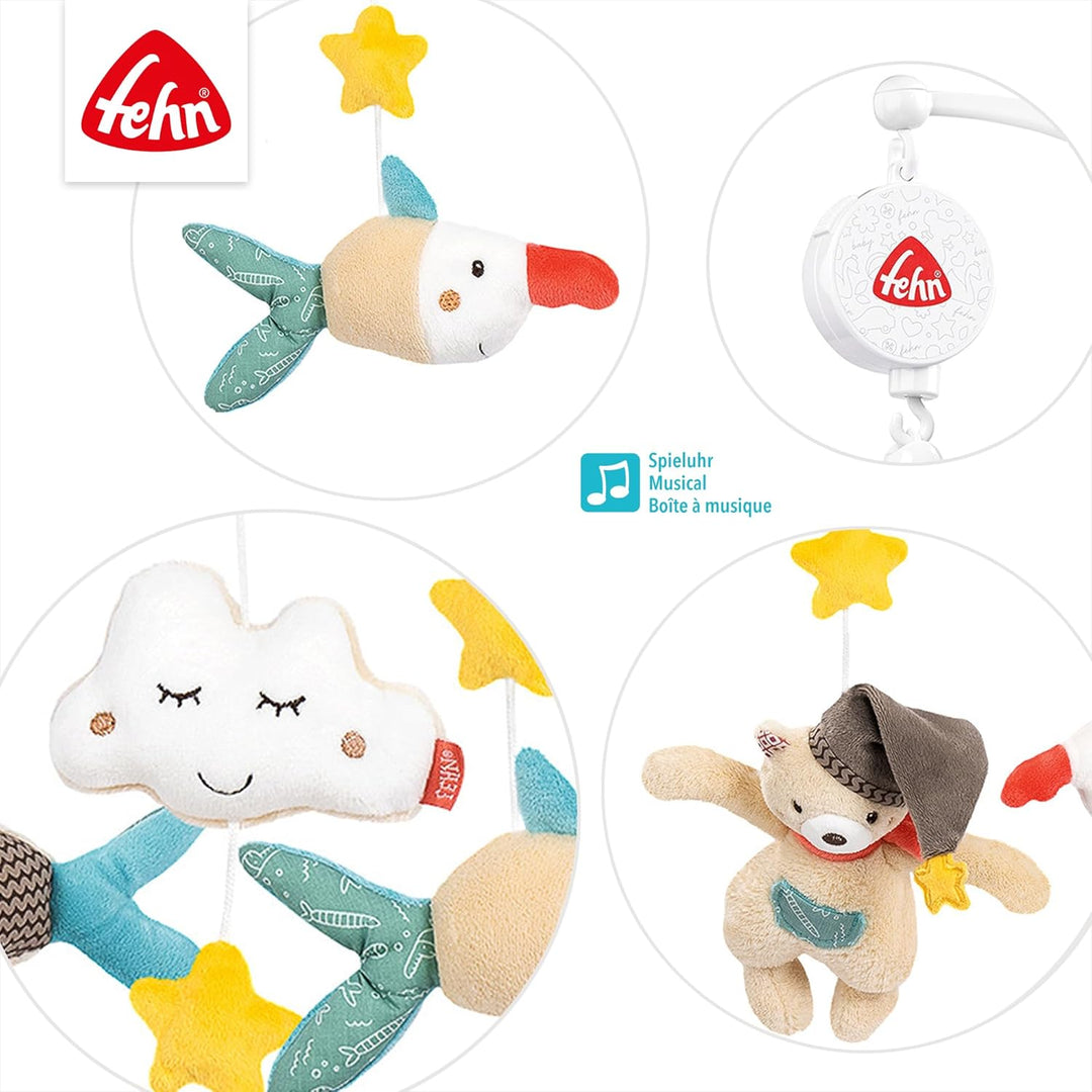 Fehn Musik Mobile Bruno - Baby Einschlafhilfe Musikspielzeug mit süssen Tieren - Babymobile Spieluhr