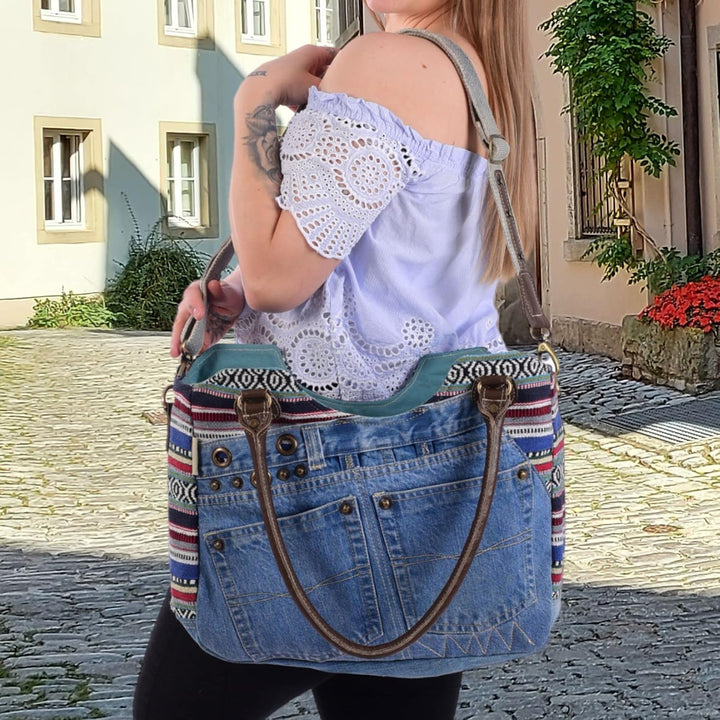 Sunsa Damen Nachhaltige Handtasche aus recycelte Jeans Canvas & Leder. Vintage Still grosse Schulter