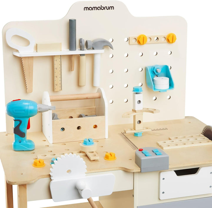 mamabrum, grosse Holzwerkstatt mit Werkzeugen XXL – Bausatz, 74 Elemente, Arbeitstisch, Bohrmaschine