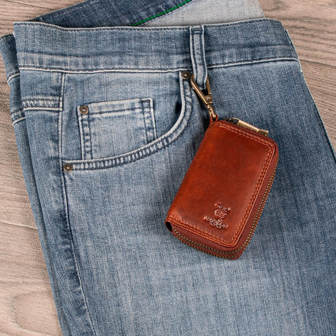 MATADOR Echt Leder Schlüsselanhänger Schlüsseltasche Auto-Schlüssel-Anhänger Braun Karabienerhacken