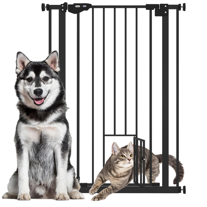 PawHut Treppenschutzgitter Türschutzgitter Ohne Bohren 74-80cm Kinderschutzgitter mit Katzenklappe A