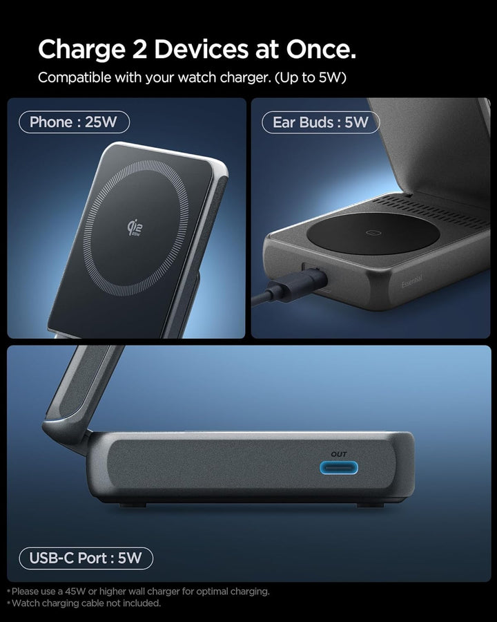 Spigen Essential Qi2.2 25W 2-in-1+C MagSafe Ladestation [inkl. USB-C Kabel] Kabelloses Ladegerät für