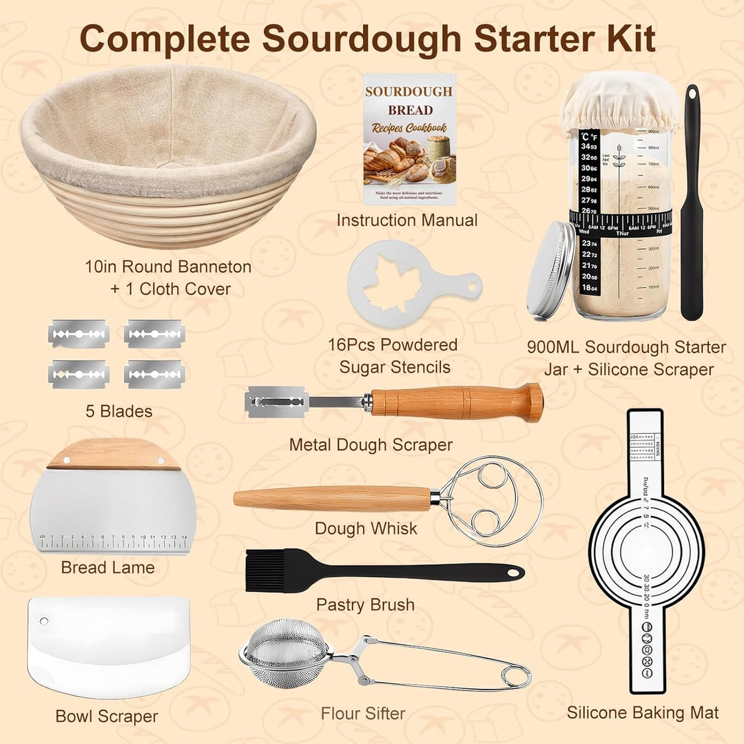 13-Teile Sauerteig Starter Set Mit Gärkörbchen Rund ø 25cm, 900ml Glas, Brotlamelle, Teigschaber, Ba