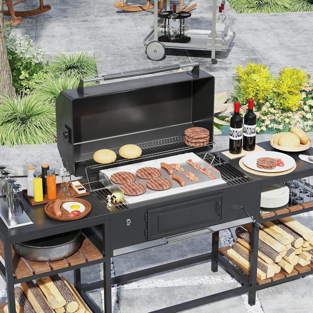XMTECH Edelstahl Grillplatte mit Henkel, 47x32x7 cm, Gleichmässige Wärmeverteilung für Gas- und Kohl