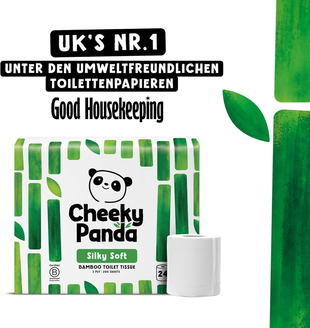 The Cheeky Panda Bambus Toilettenpapier 3-Lagig Grosspackung | 24 Rollen x 200 Blatt | Klopapier Pla
