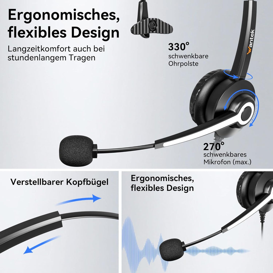 Wantek USB Headset mit Mikrofon für PC Laptop Büro, USB Stecker Typ-C Adapter Für Call Center Online