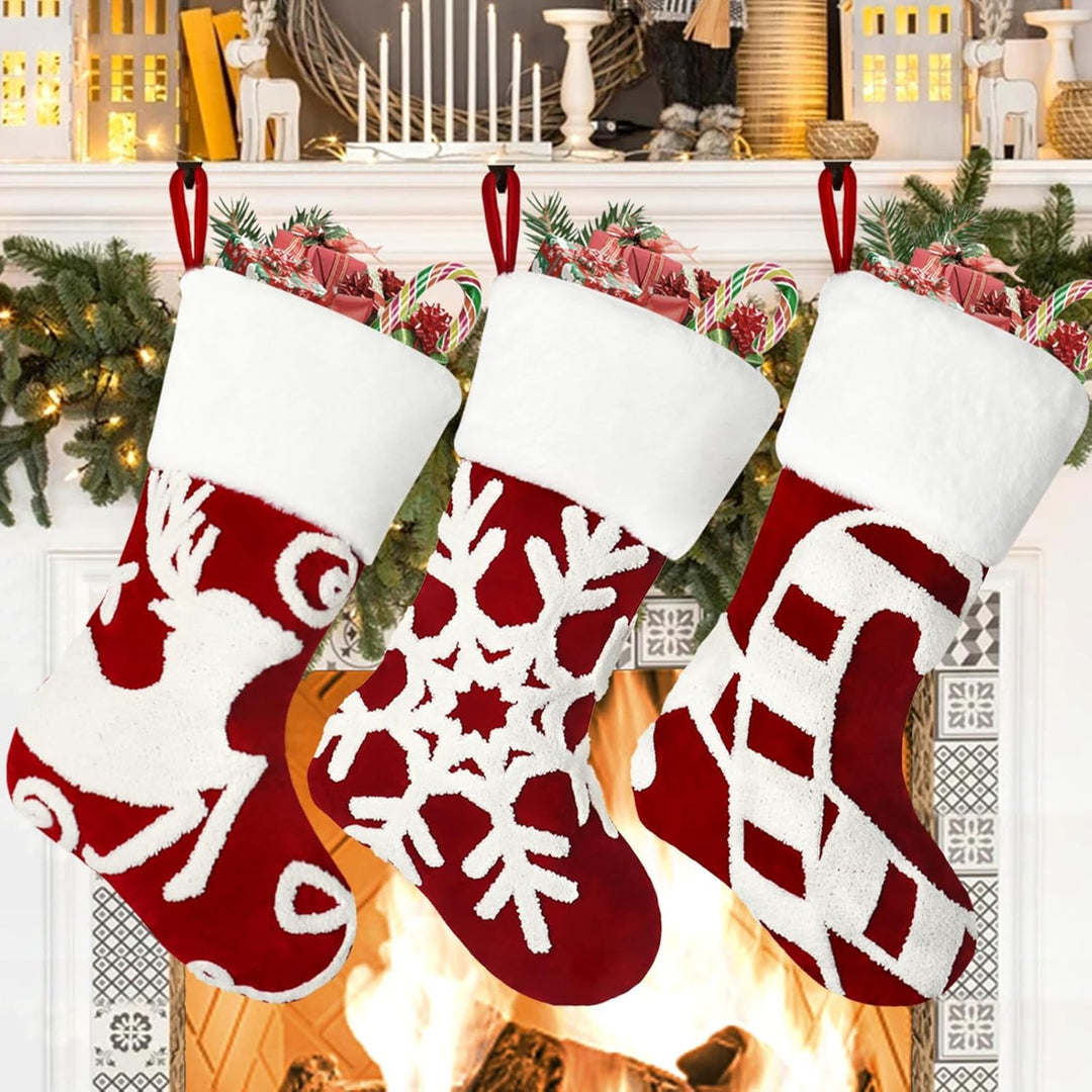 Weldomcor Weihnachtsstrumpf 3er Set, 50cm Weihnachtsstrümpfe Kamin Bestickte Elch Schneeflocke hänge