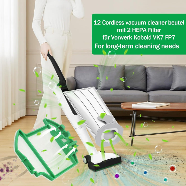 12 Stück Staubsaugerbeutel für Vorwerk VK7 FP7 mit 2 Filter, Vorwerk Akkusauger VK7 Staubsaugerbeute