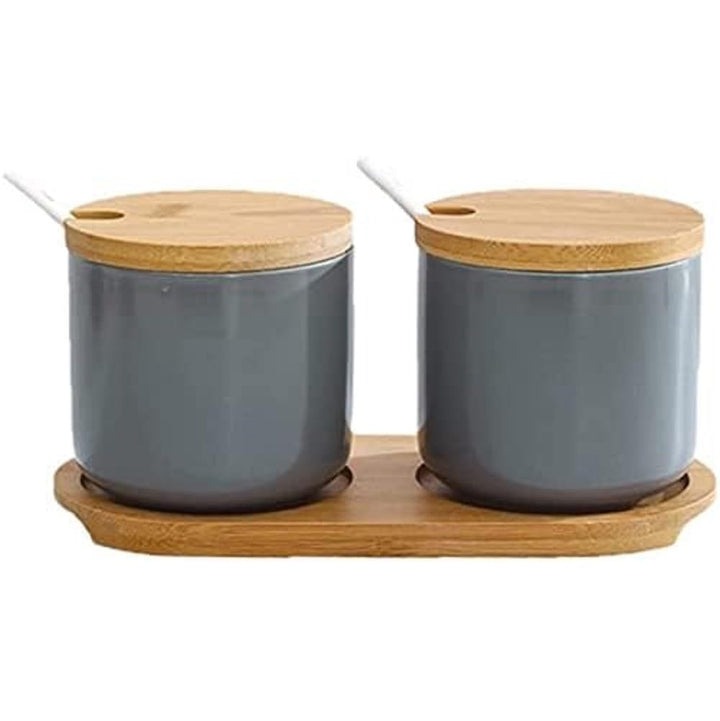 2er Set Zuckerdose Salzdose aus Keramik Gewürzgläser Gewürzbehälter mit Deckel,Löffel und Tablett 26