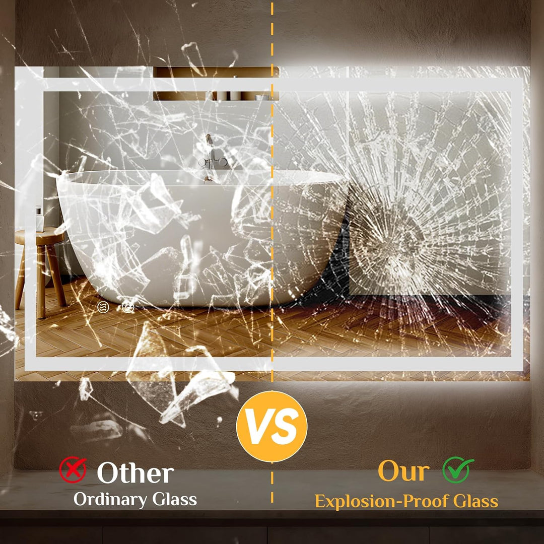 Badspiegel mit Beleuchtung 100×60 cm, LED Spiegel mit 3 Lichtfarben Dimmbar, Gehärtetes Glas Explosi