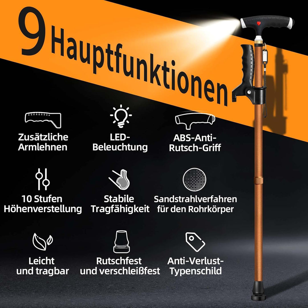 Verstellbarer Gehstock für Herren und Damen Doppelgriff Verstellbarer, Gehstock mit LED-Licht, gehst