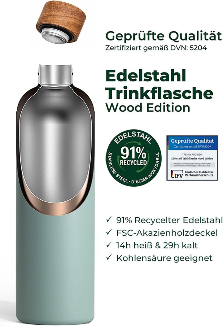 T&N Edelstahl Trinkflasche 1 Liter, Thermosflasche 1l mit Akazienholz Deckel, Isolierte Wasserflasch