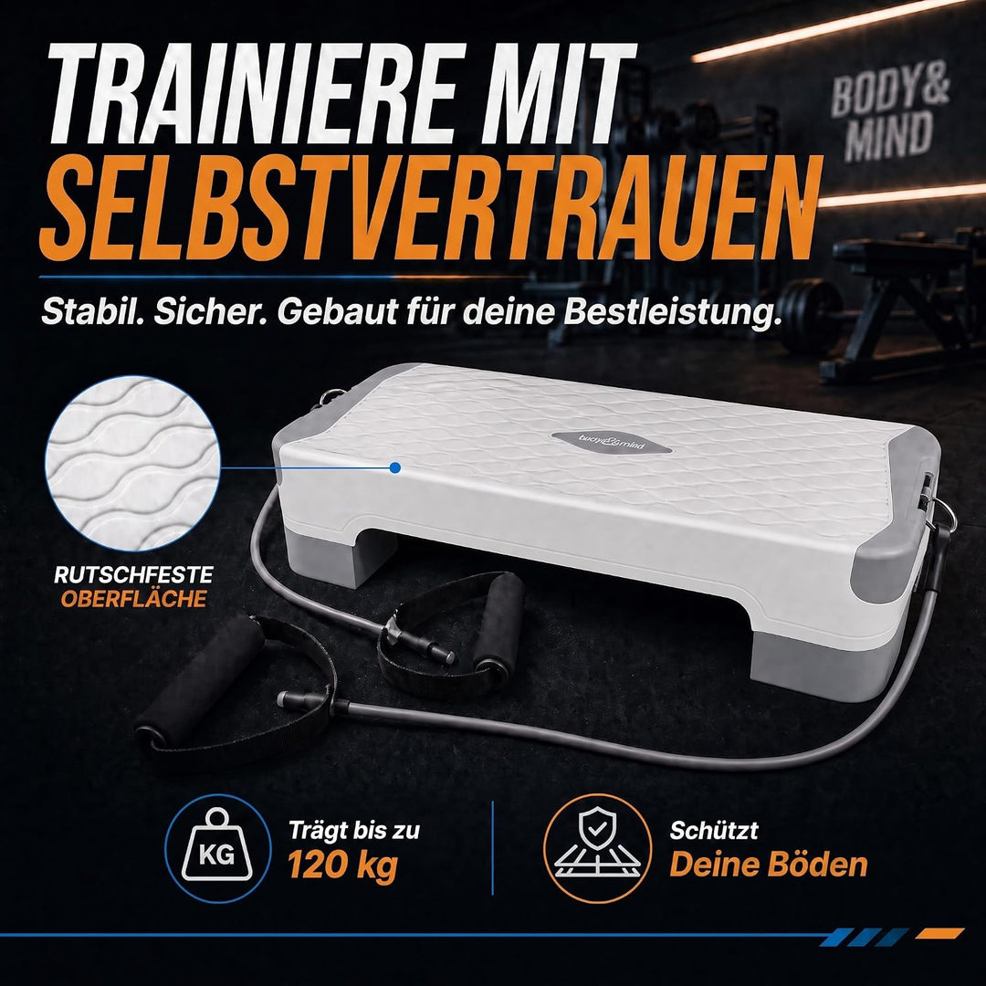 Body &amp; Mind® Aerobic Steppbrett Stepper Step-Bench mit gratis Anti-Rutsch-Matte &amp; exklusiven Trainin