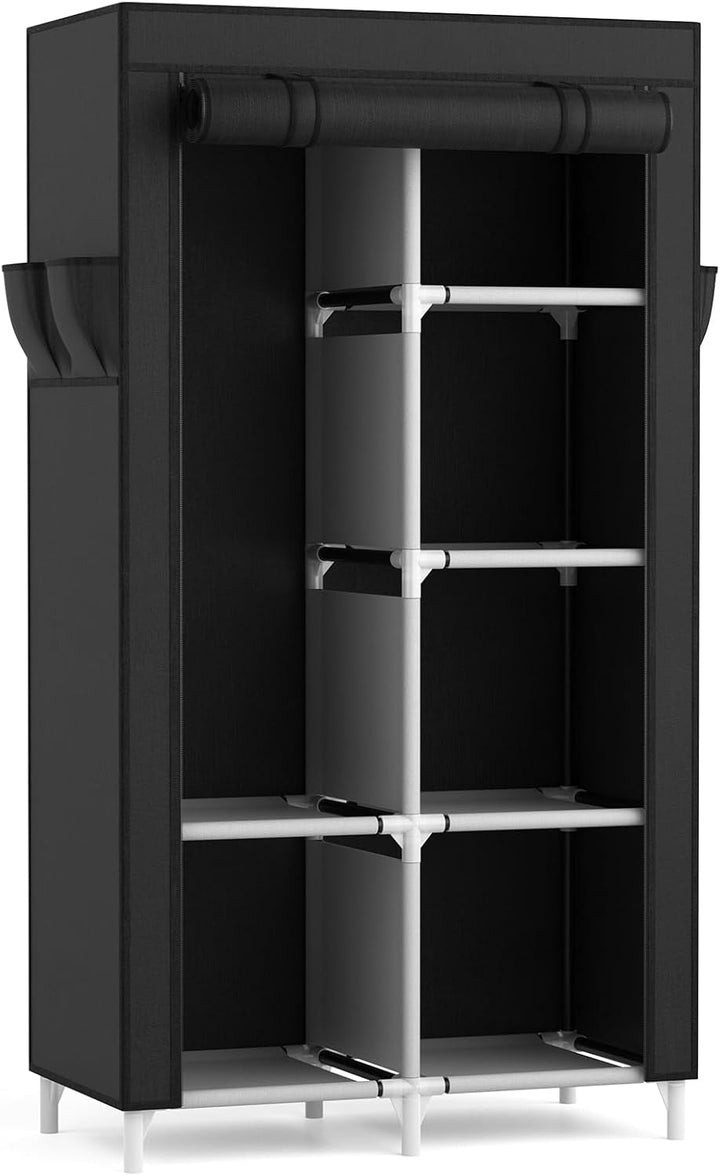 Vicye Kleiderschrank, Stoffschrank mit Kleiderstange, 6 Ablagen, 4 Seitentaschen und Überzug, Kleide