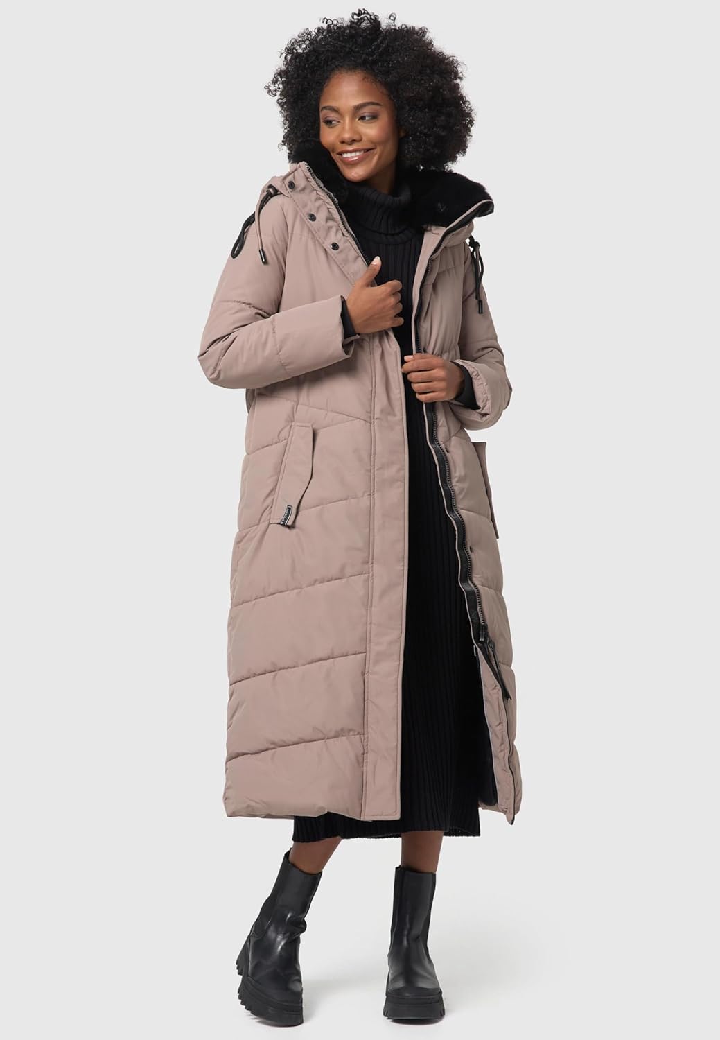 Navahoo Damen Wintermantel Steppmantel extralang mit abnehmbarer Kapuze Hingucker XIV XS-XXL L Taupe