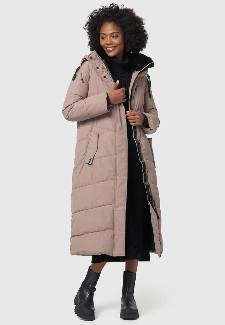 Navahoo Damen Wintermantel Steppmantel extralang mit abnehmbarer Kapuze Hingucker XIV XS-XXL L Taupe
