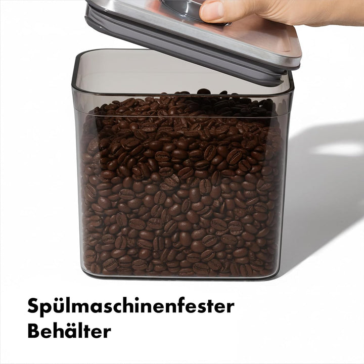 OXO Steel Coffee POP-Behälter mit Schaufel – 1,6 l luftdichte Aufbewahrung, Edelstahldeckel, getönte