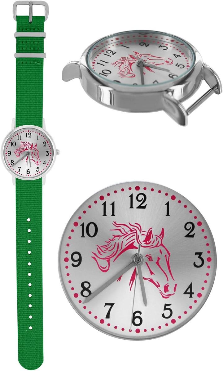 Pacific Time Mädchen Armbanduhr Uhr Pferd Pferdemotiv analog Quarz 2 Textilarmband 10033 Türkis Grün