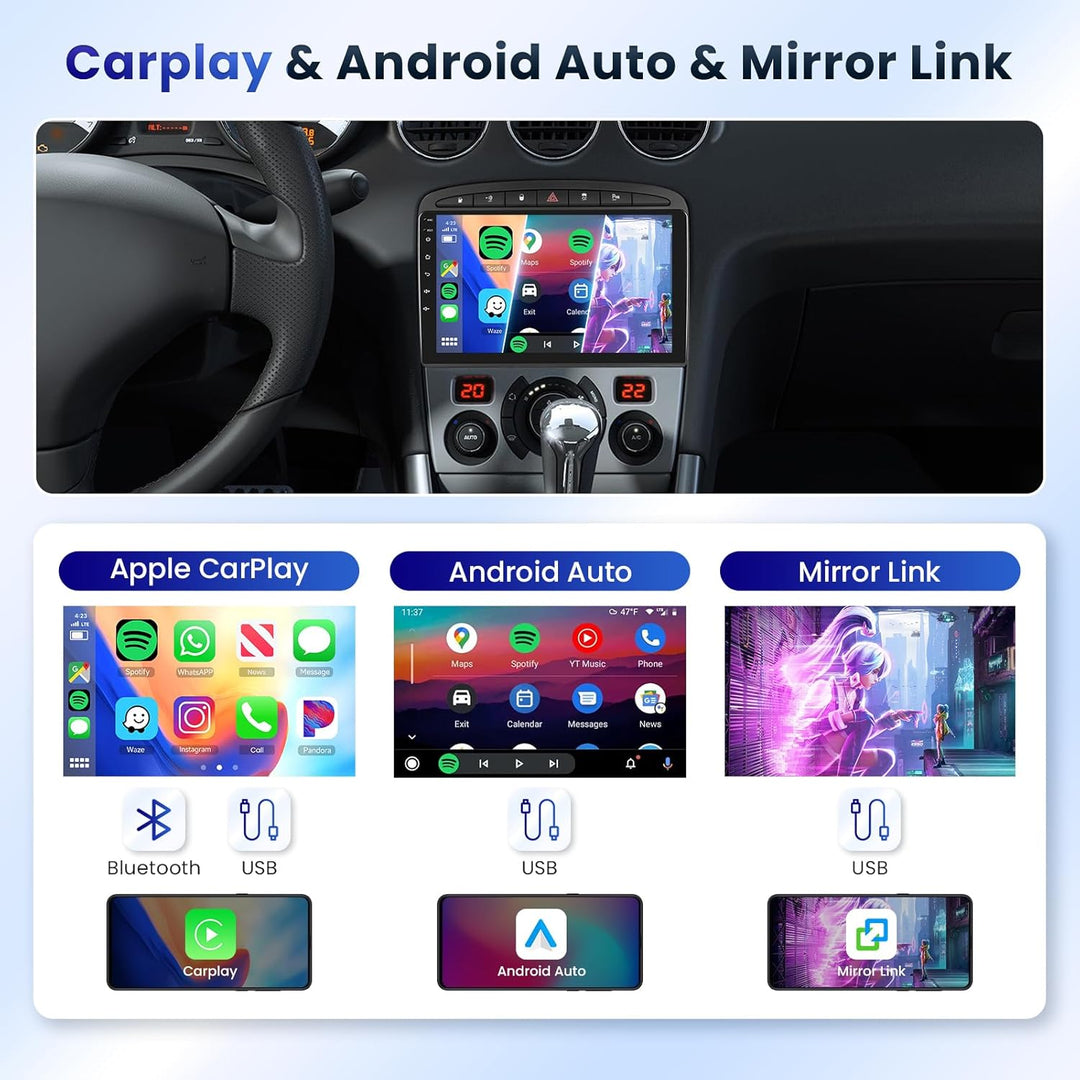 Podofo Android Autoradio GPS für Peugeot 308 408 2009-2013, 9" Touchscreen WiFi Bluetooth FM RDS Rad