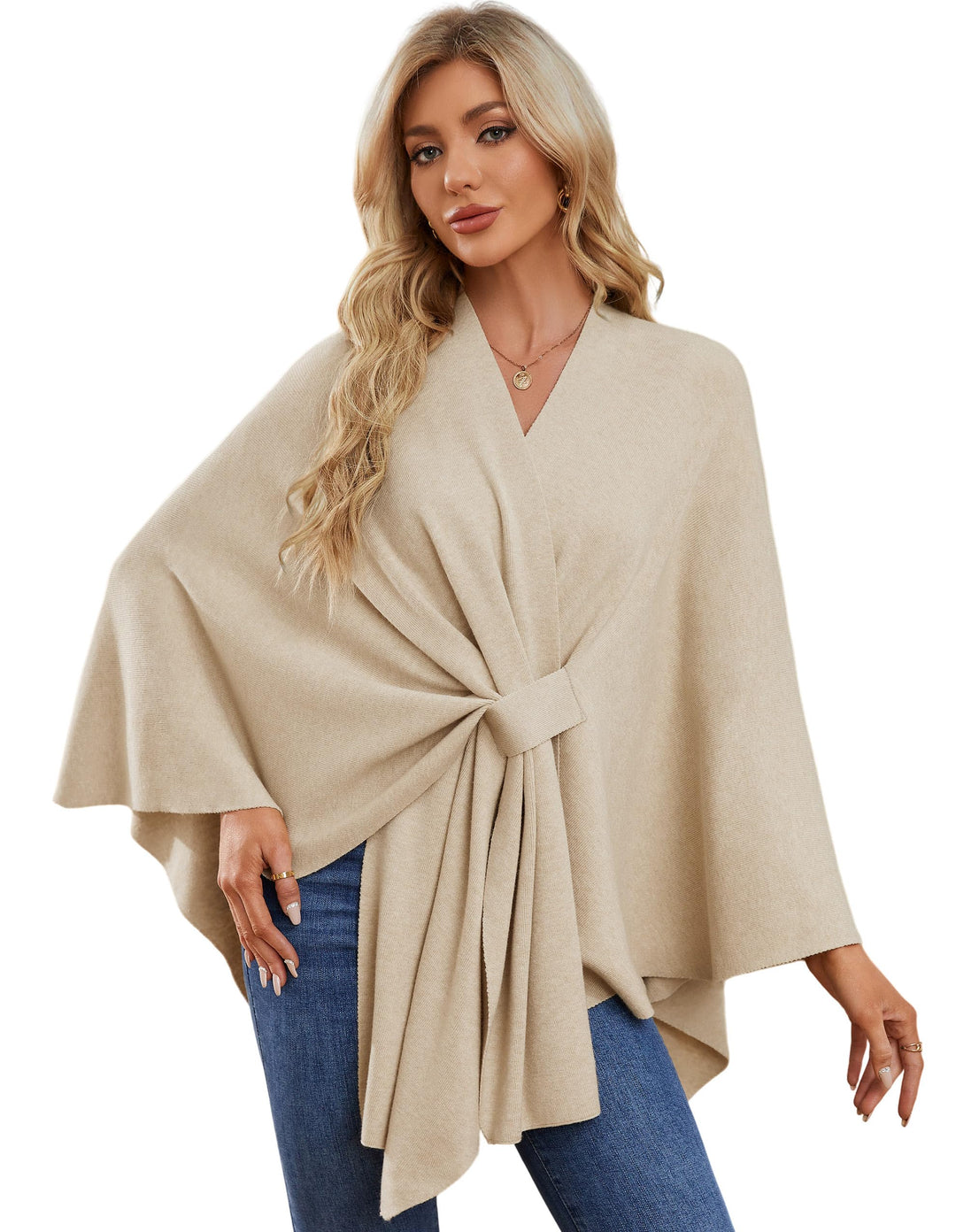 PULI Damen Elegant Poncho Strick Ponchos Capes Vorne öffnen Vielseitige Schalwickel mit Lasche Barle