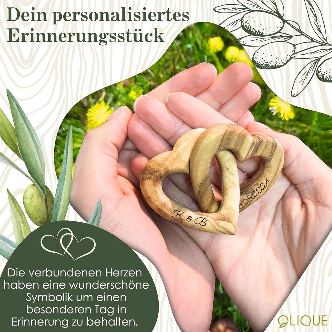 Holzherzen personalisiert, Olivenholz - Verbundene Holz Herzen mit Gravur als individuelles Geschenk