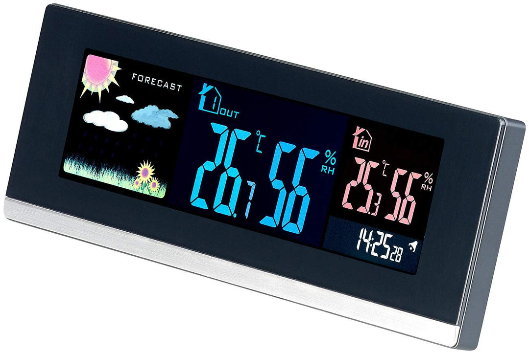 infactory Tisch Funkwecker: Tisch-Wetterstation, Funk-Aussensensor, Farb-LCD-Display, USB-Ladeport (