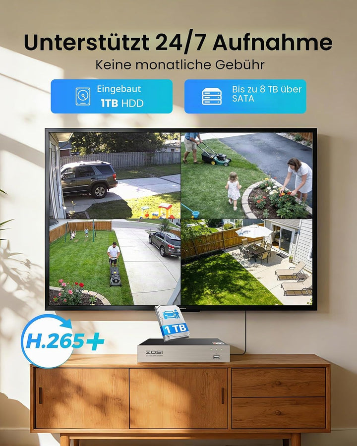 ZOSI 1080p Aussen Video Überwachungskamera Set mit Kabel,8CH 5MP Lite DVR Recorder mit 1TB Festplatt