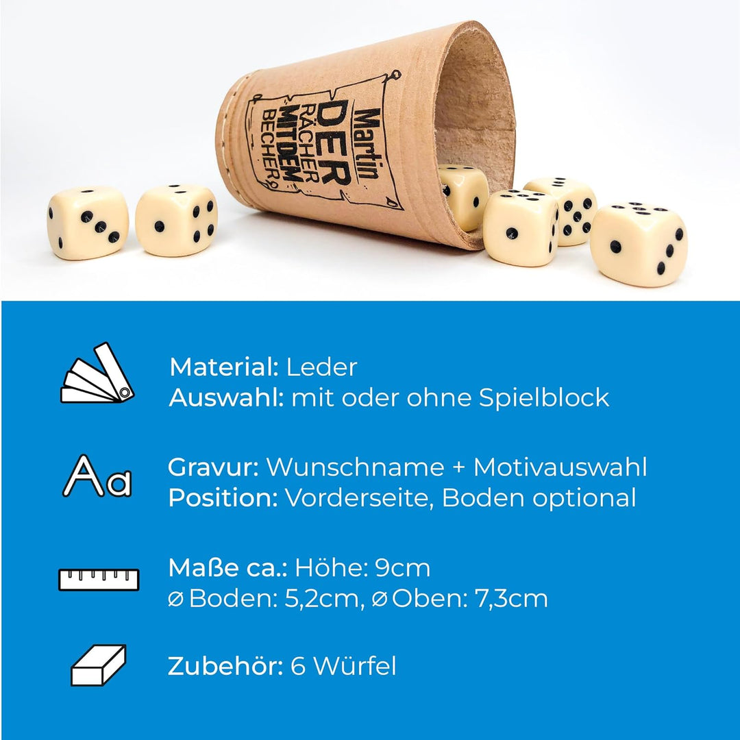 Diamandi Leder Würfelbecher mit Gravur und 6 Würfeln - Personalisiert mit Name + div. Motive zur Aus