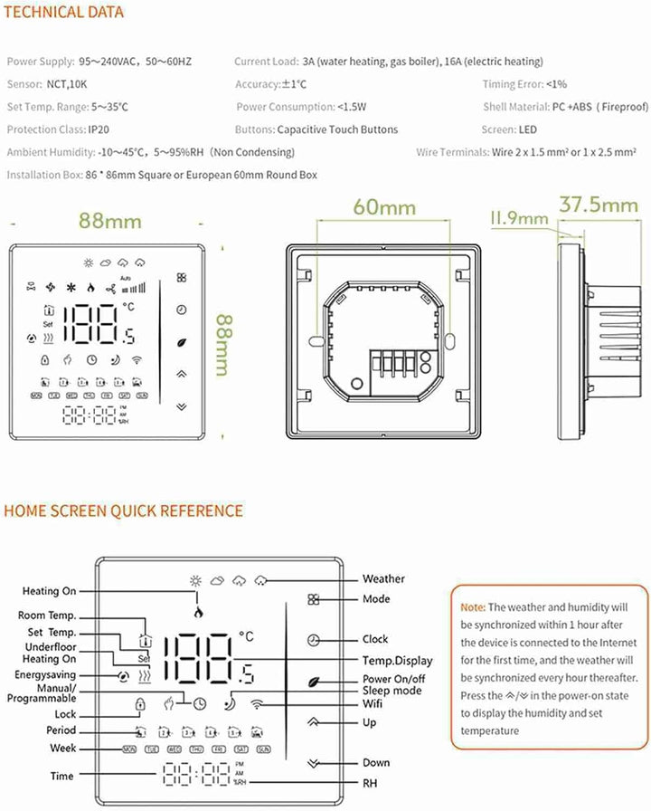 Decdeal WiFi Thermostat Wasser-Fussbodenheizung,Unterstützung Von TUYA/Smart Life,Google Home,Progra