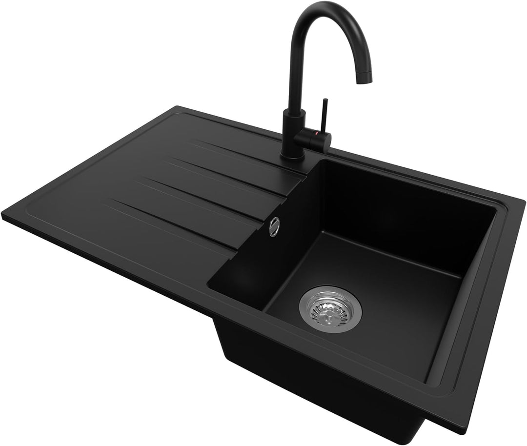 Spülbecken Schwarz 78x50 cm, Granitspüle + Ablauf-Set + Küchenarmatur 5000, Küchenspüle für 45er Unt
