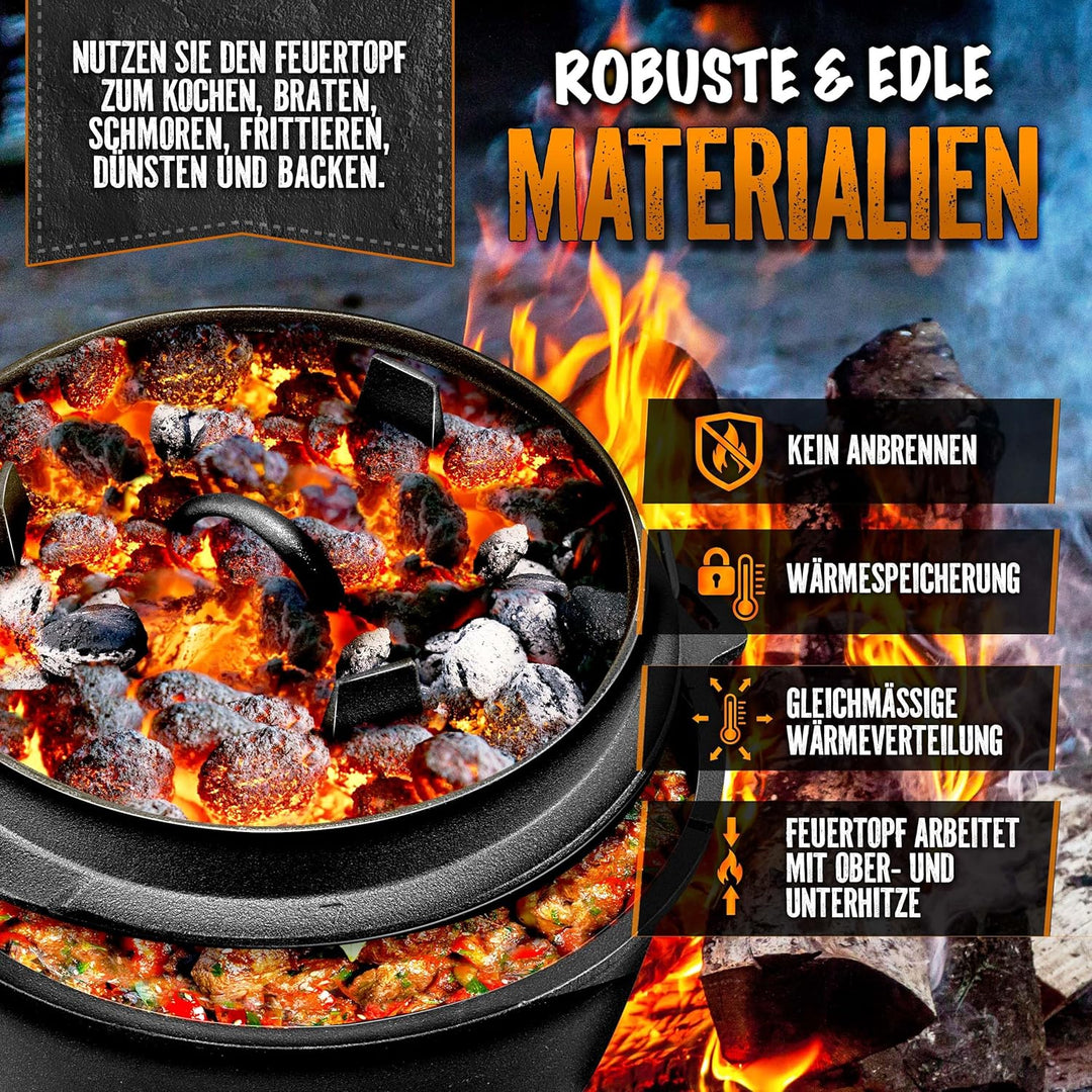 grillas Dutch Oven Set inkl. Rezeptideen | bereits eingebrannt - preseasoned | Feuertopf Gusseisen I