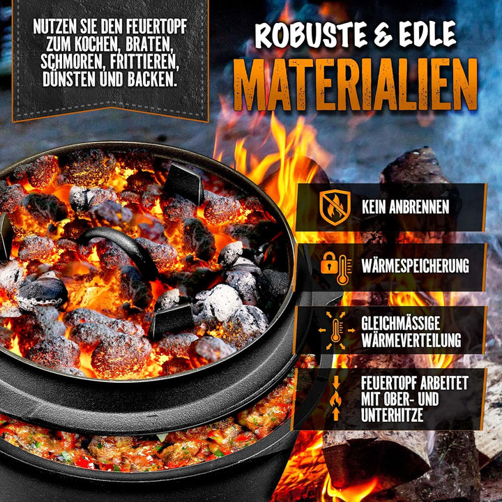 grillas Dutch Oven Set inkl. Rezeptideen | bereits eingebrannt - preseasoned | Feuertopf Gusseisen I