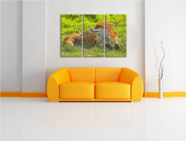 Süsser Fuchs auf Wiese 3 Teilig, Gesamtgrösse 120x80 cm auf Leinwand, XXL riesige Bilder fertig gera