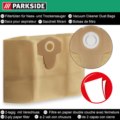 10 Original Parkside Lidl Staubsaugerbeutel für Nass-Trocken-Sauger PWD 25, 30, PNTS 23, 30, 1400, 1