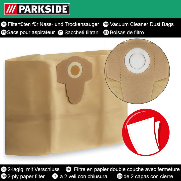 Parkside Original Staubsaugerbeutel 10 Stück für LIDL Nass-Trockensauger PNTS 1400, A1, B1, C1, D1,