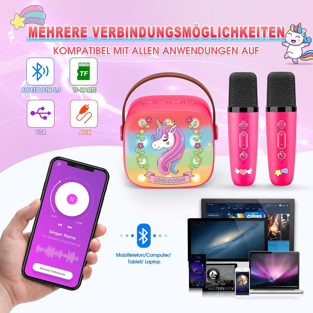Dislocati Mädchen Geschenke 3-12 Jahre, Karaoke Maschine mit 2 Kinder Mikrofon Bluetooth Mädchen Spi