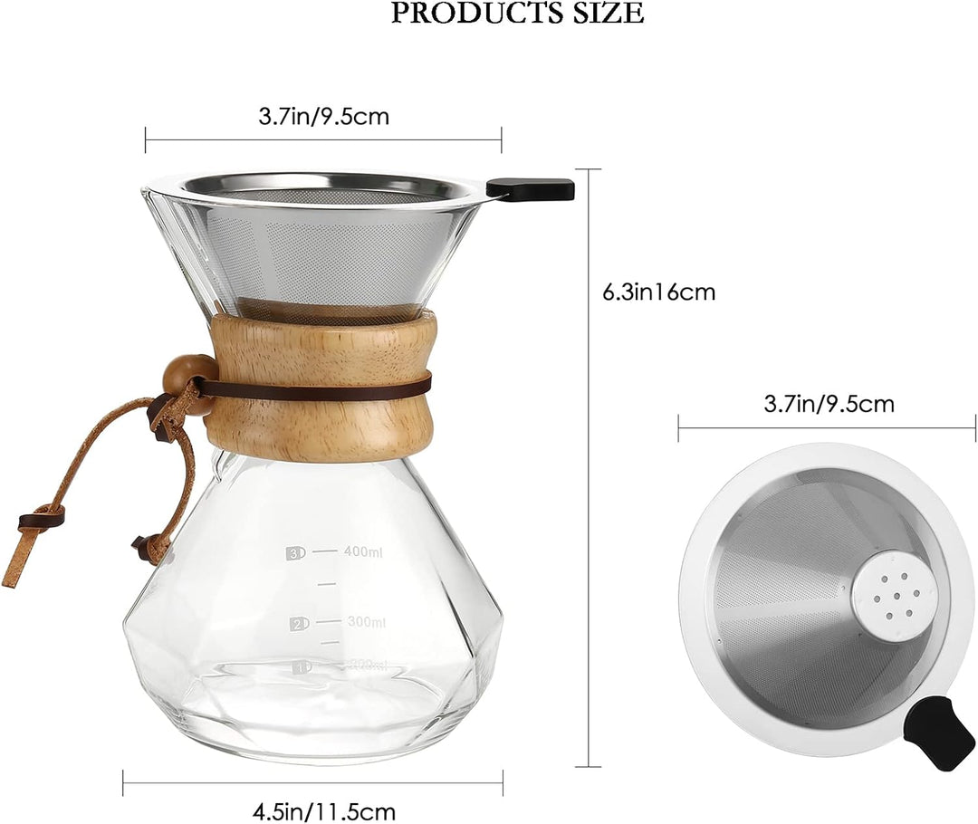 Lalord Pour Over Kaffeebereiter mit Edelstahlfilter, Borosilikatglas Kaffeekanne, Holzkragen, Kaffee