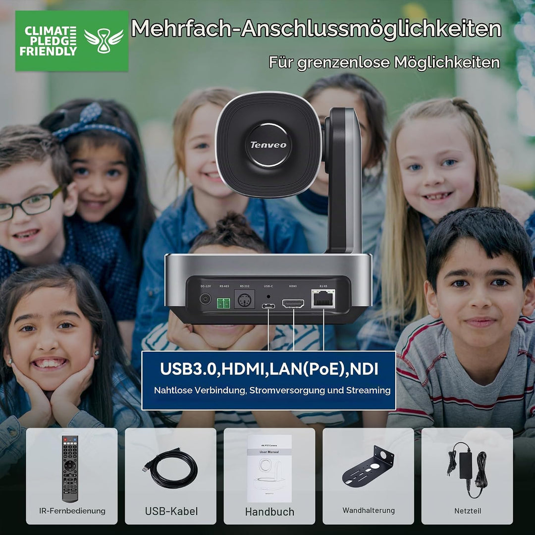 Tenveo 4K PTZ Kamera mit NDI &amp; AI-Tracking – 12x Optischer Zoom, USB3.0/HDMI/PoE, für Live-Streaming