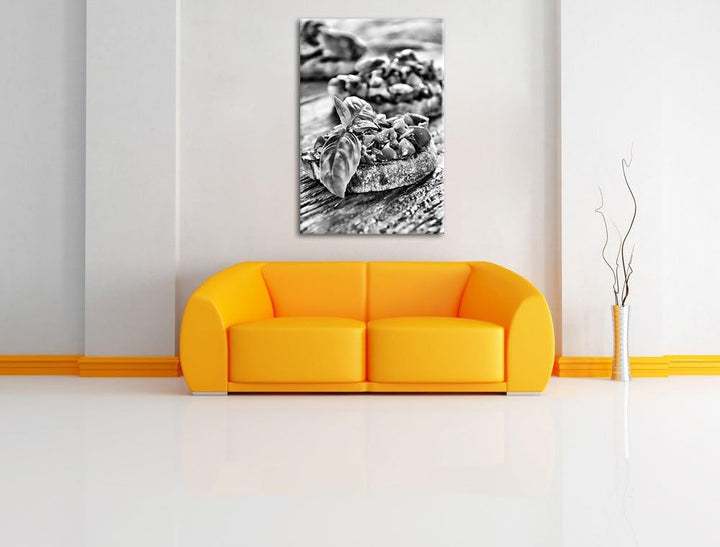 Pixxprint Monocrome, Köstliche Tomaten Bruchetta, Format: 100x70 auf Leinwand, riesige Bilder fertig