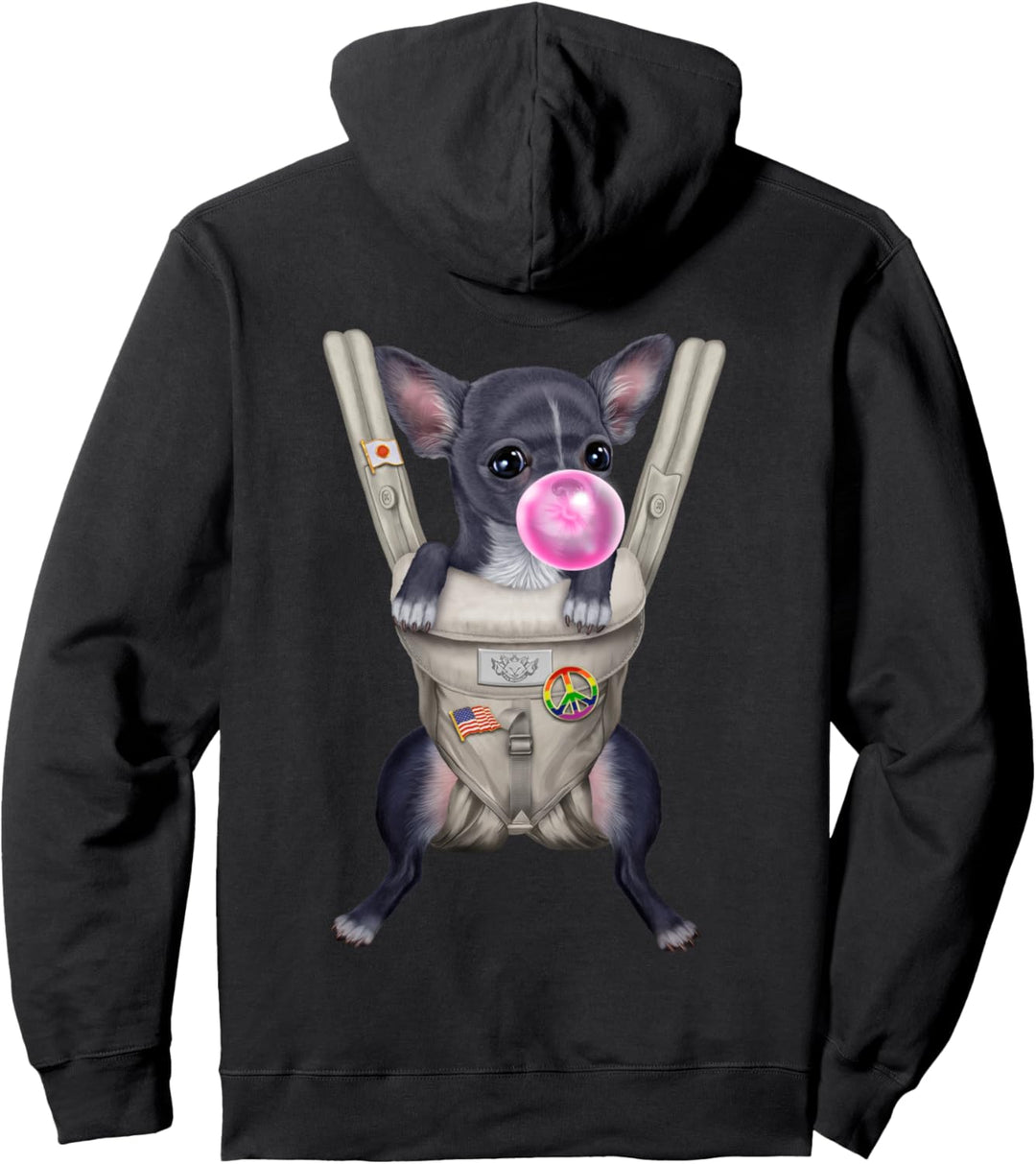 Blauer Chihuahua-Hund mit Kaugummi in der Babytrage Pullover Hoodie