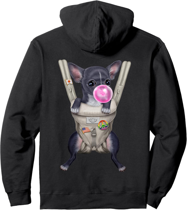 Blauer Chihuahua-Hund mit Kaugummi in der Babytrage Pullover Hoodie