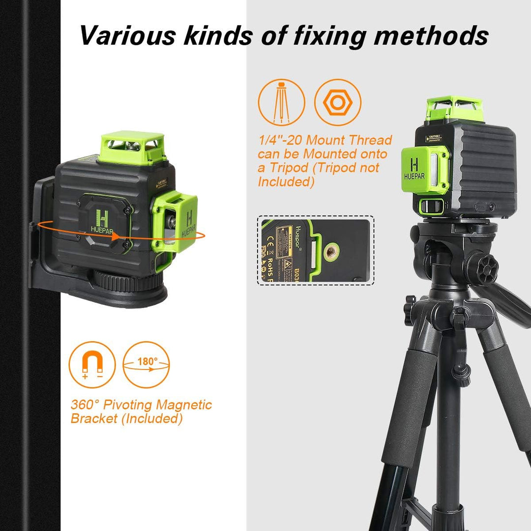 Huepar 2 x 360 Kreuzlinienlaser Grüner Selbstnivellierenden Laser Level, Zwei 360°-Laserlinie, Li-Io