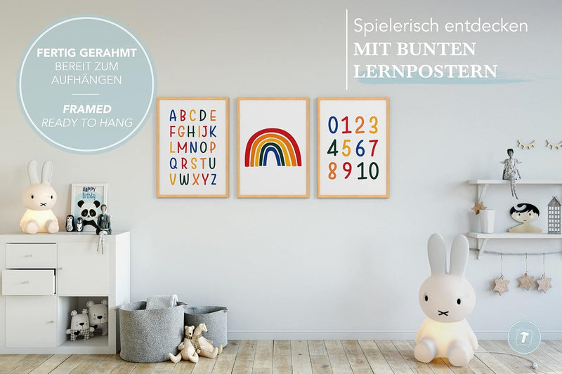 Papierschmiede® Kinderbilder 3er Set Lernposter, A3 gerahmt in Holzrahmen (Natur), Geschenk für Mädc