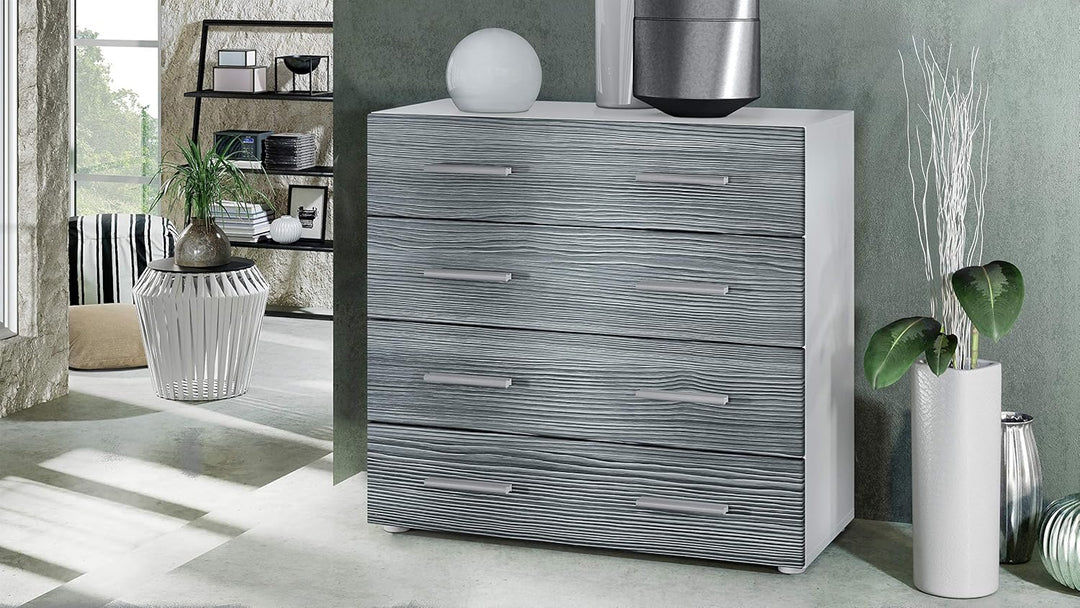 Vladon Sideboard Pavos, Kommode mit 4 Schubladen, Weiss matt/Avola-Anthrazit (76 x 72 x 35 cm), Avol