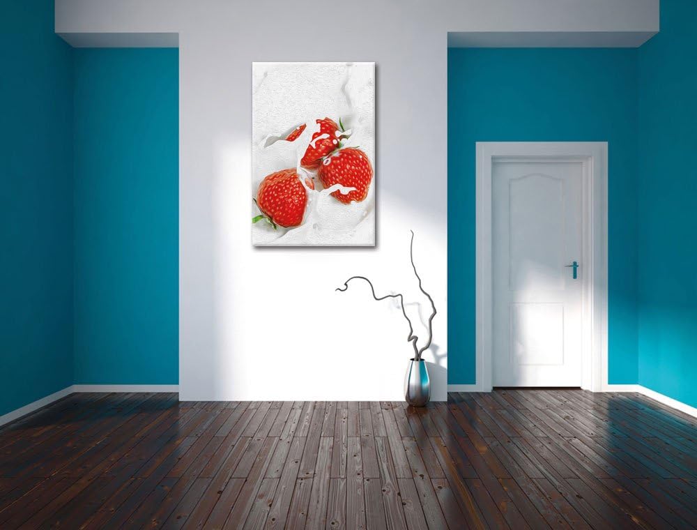 Pixxprint leckere Erdbeeren Schwimmen in Milch als Leinwandbild/Grösse: 120x80 cm/Wandbild/Kunstdruc