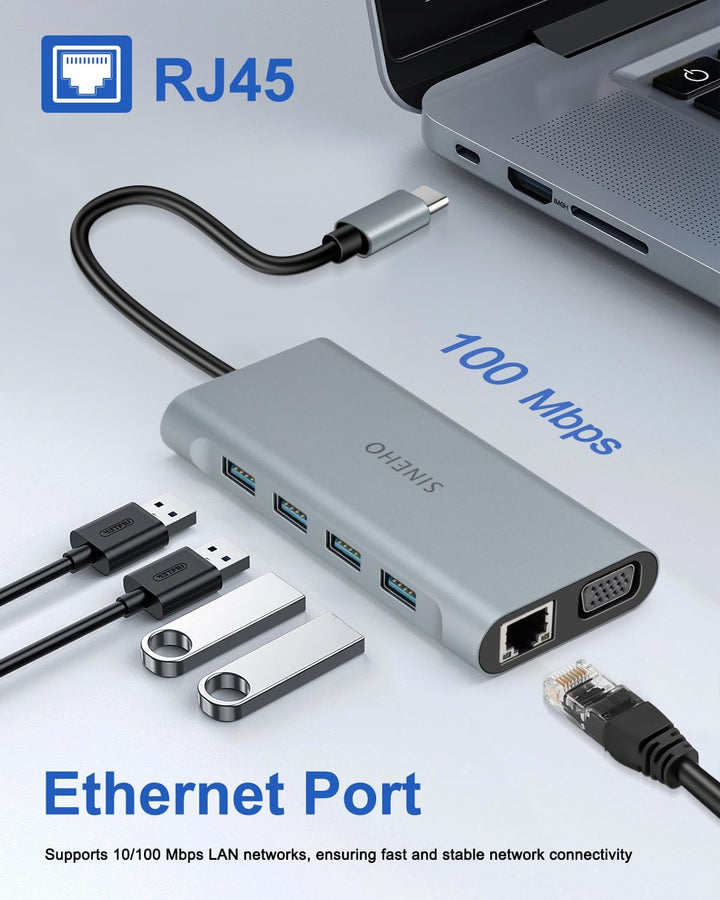 Docking Station USB C HUB, 11 in 1 USB C Adapter mit 4K HDMI, VGA, Ethernet, 4 USB Ports, SD/TF, 100