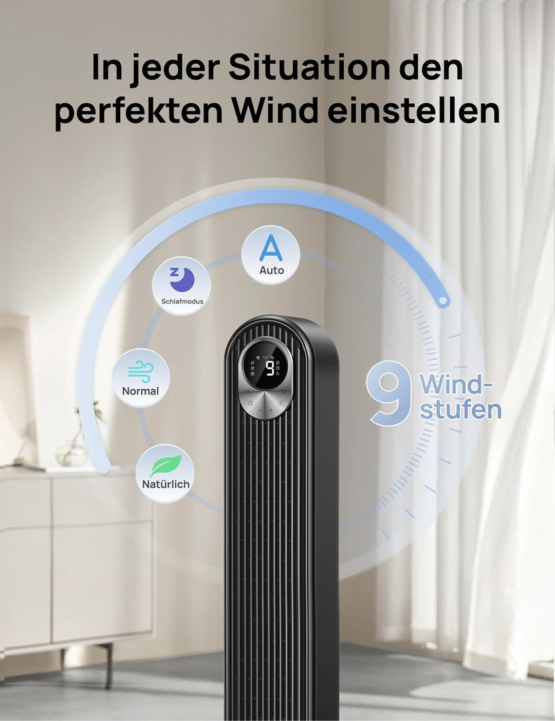 Dreo Turmventilator mit Fernbedienung, 7.3m/s Standventilator mit 6 Geschwindigkeiten, 90° oszillier