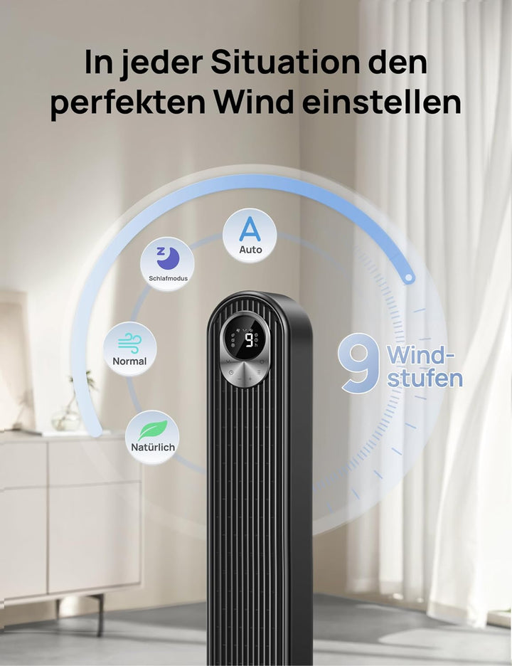 Dreo Turmventilator mit Fernbedienung, 7.3m/s Standventilator mit 6 Geschwindigkeiten, 90° oszillier
